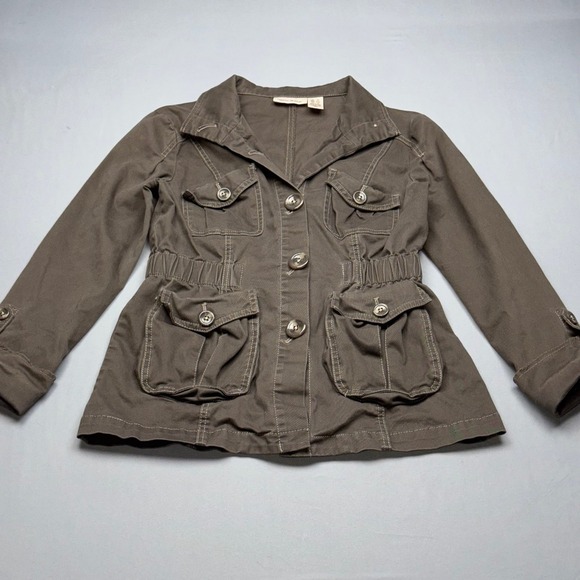 DKNY JEANS Women Brwn Utility Jacket Cargo Cinched Waist 3/4 Slv Button Front XS - Picture 2 of 9